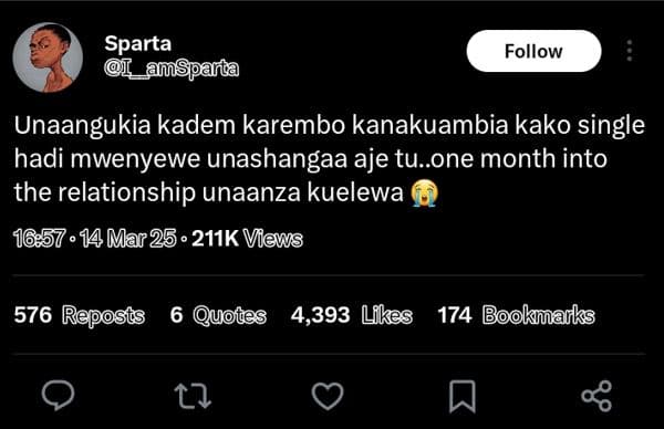 Sparta _amspañd follow unaangukia kadem karembo kanakuambia kako single hadi mwe