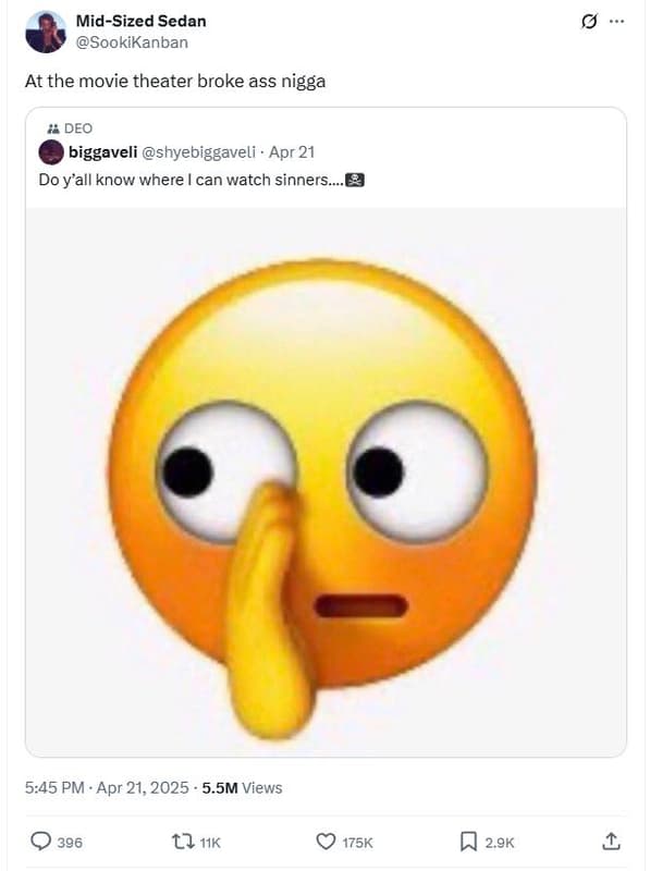 Midsized sedan sookikanban at the movie theater broke ass nigga deo biggaveli sh