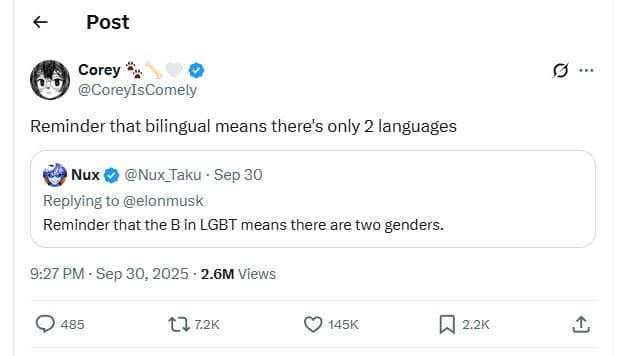 Post corey coreyiscomely reminder that bilingual means there's only 2 languages