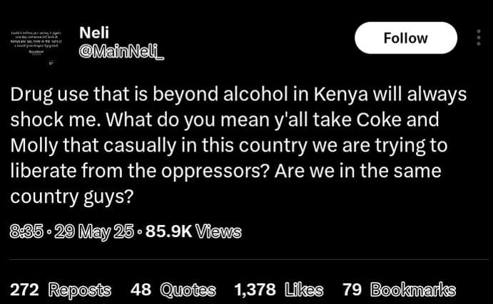Neli mainnelf_ follow drug use that is beyond alcohol in kenya will always shock