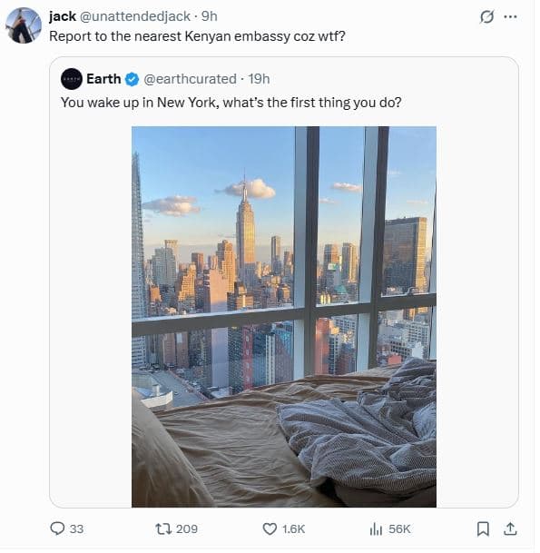 Jack unattendedjack 9h report to the nearest kenyan embassy coz wtf? earth earth