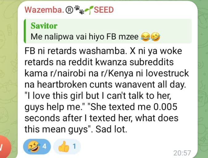 Wazemba. seed savitor me nalipwa vai hiyo fb mzee fb ni retards washamba. x ni y