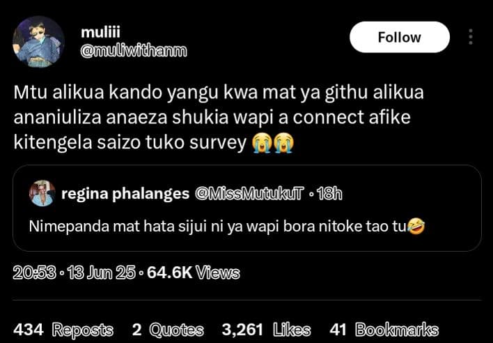 Muliii ulwithanm follow mtu alikua kando yangu kwa mat ya githu alikua ananiuliz