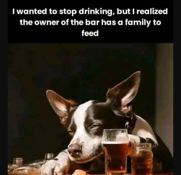 Wanted to stop drinking, but i realized the owner of the bar has a family to fee