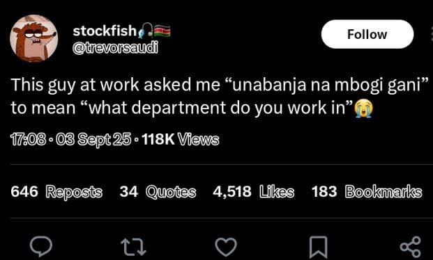 Stockfish tivorsaudi follow this guy at work asked me unabanja na mbogi gani to