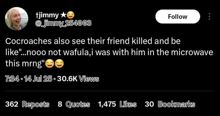 Tjimmy jinny 254 follow cocroaches also see their friend killed and be like' noo