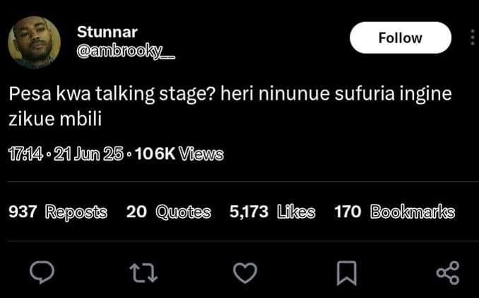 Stunnar ambrooky follow pesa kwa talking stage? heri ninunue sufuria ingine ziku
