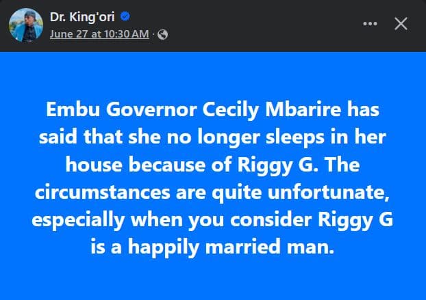 Dr. king'ori june 2zat 10.30am embu governor cecily mbarire has said that she no