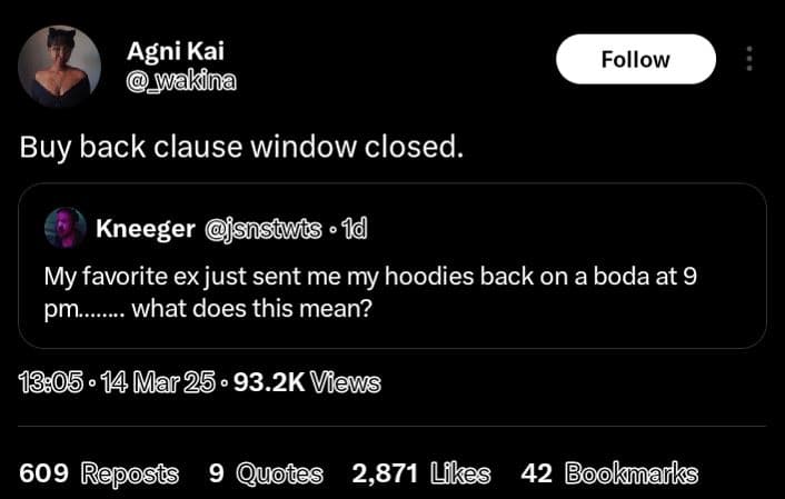 Agni kai makina follow buy back clause window closed. kneeger snsnwcs 1d my favo