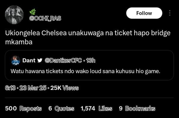 Follow ch ras ukiongelea chelsea unakuwaga na ticket hapo bridge mkamba dant dan