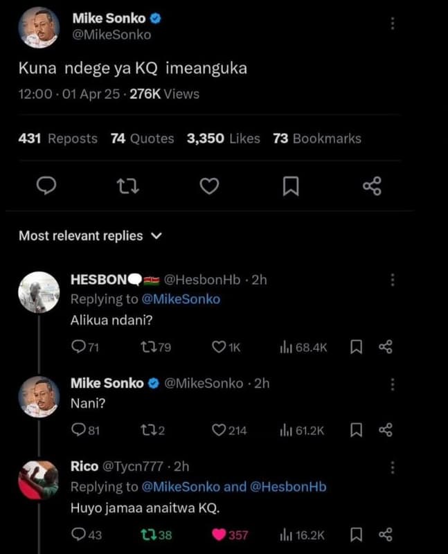 Mike sonko mikesonko kuna ndege ya kq imeanguka 12.00 . 01 apr 25 276k views 431