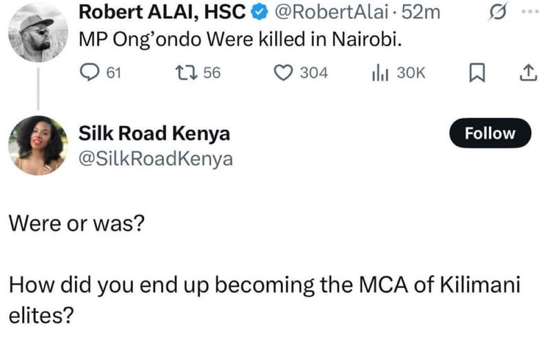 Robert alai, hsc robertalai 52m mp ong'ondo were killed in nairobi. 61 t2 56 304
