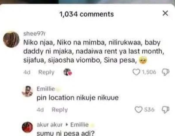1,034 comments sheeozr niko njaa, niko na mimba, nilirukwaa baby daddy ni mjaka,