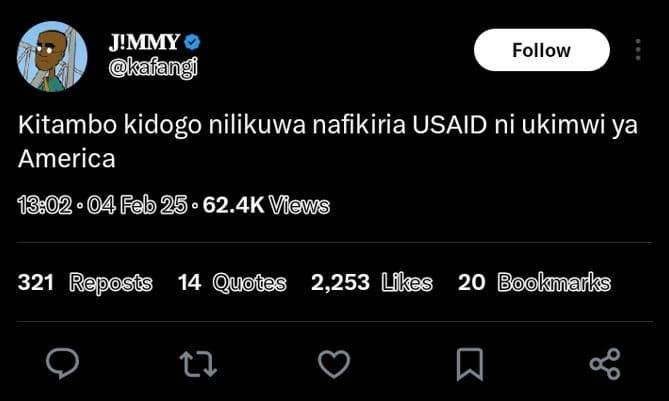 Jimmy kaiangi follow kitambo kidogo nilikuwa nafikiria usaid ni ukimwi ya americ