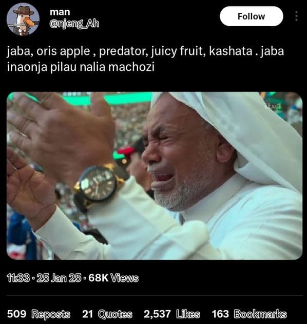 Man jeng ah follow jaba, oris apple , predator juicy fruit, kashata . jaba inaon