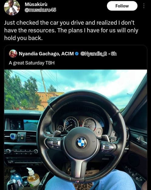 Musakuru usakuua5 follow just checked the car you drive and realized don't have