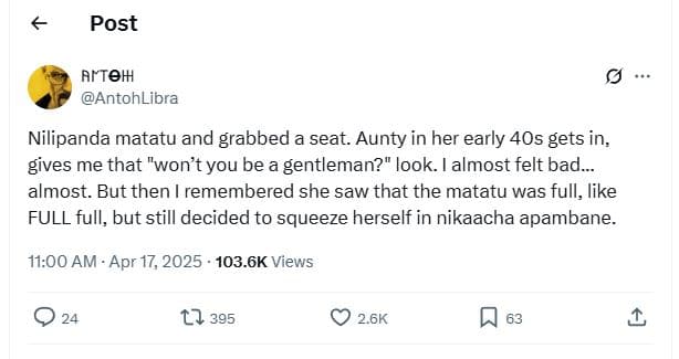 Post arteh antohlibra nilipanda matatu and grabbed seat. aunty in her early 4os