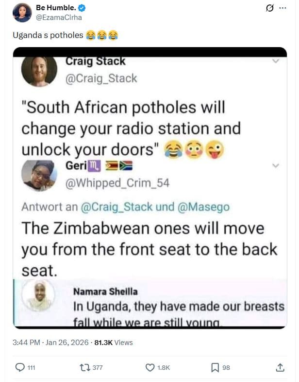 Be humble ezamacirha uganda potholes àà craig stack craig_stack south african po