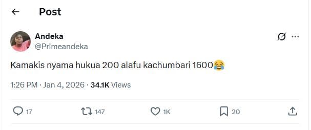 Post andeka primeandeka kamakis nyama hukua 200 alafu kachumbari 1.26 pm jan 4,