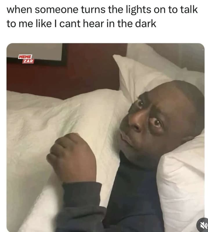 When someone turns the lights on to talk to me like cant hear in the dark meme z
