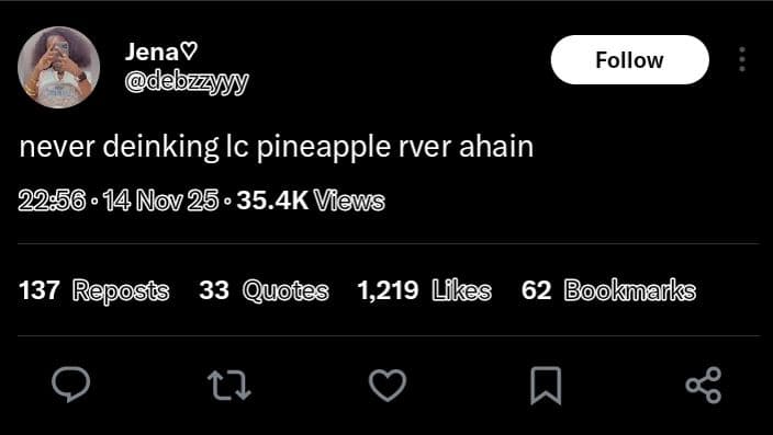 Jenay debzzny follow never deinking ic pineapple rver ahain 2256 14 nov 25 . 35.