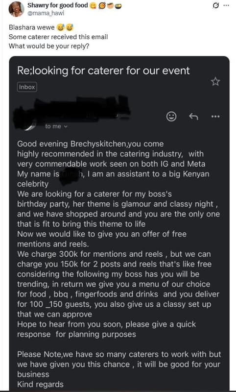 Shawry for good food mama_hawi biashara wewe some caterer received this email wh