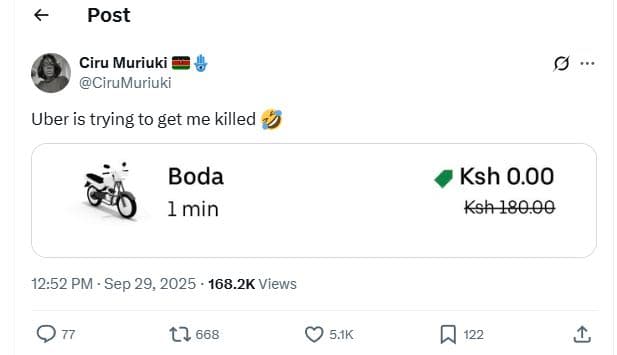 Post ciru muriuki cirumuriuki uber is trying to get me killed boda 1min ksh 0.00