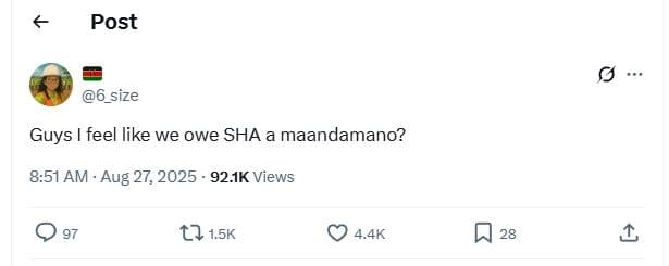 Post 6_size guys feel like we owe sha a maandamano? 8.51 am aug 27, 92.ik views