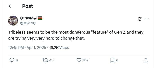 Post igiriwm mwirigi tribeless seems to be the most dangerous feature of gen zan