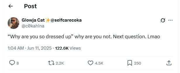 Post glowja cat selfcarecoka cokahina why are you s0 dressed up why are you not.