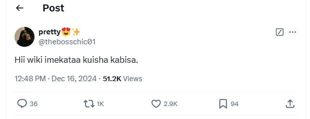 Post pretty thebosschic01 hii wiki imekataa kuisha kabisa. 12.48 pm dec 16, 51.2
