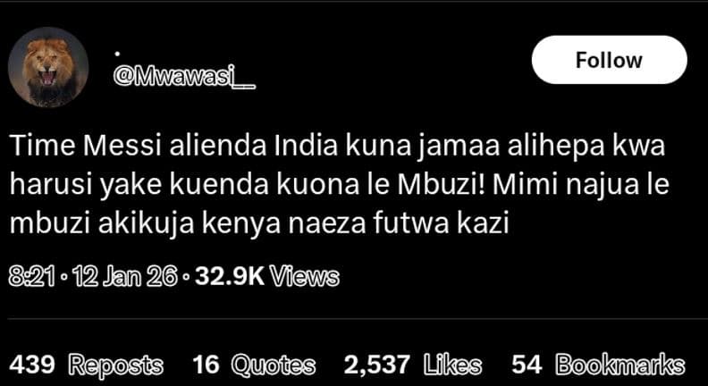 Follow mwawasi time messi alienda india kuna jamaa alihepa kwa harusi yake kuend