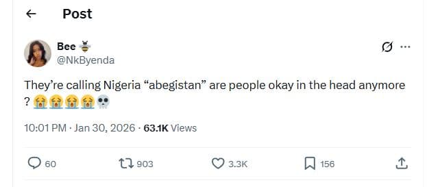Post bee nkbyenda they' re calling nigeria abegistan are people okay in the head