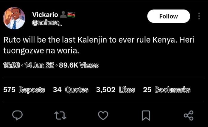 Vickario nchono follow ruto will be the last kalenjin to ever rule kenya. heri t