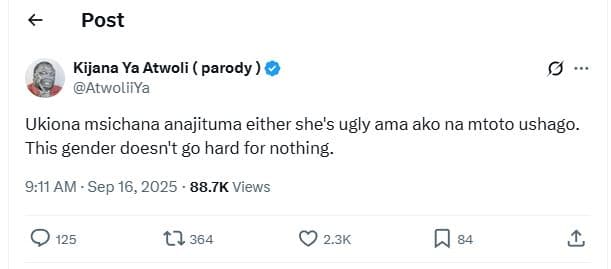 Post kijana ya atwoli parody atwoliiya ukiona msichana anajituma either she's ug