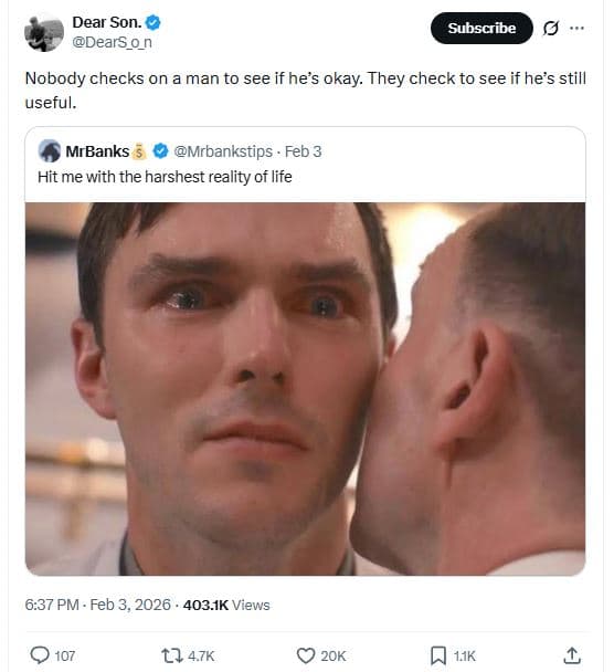 Dear son. dears_o_n subscribe nobody checks on man to see if hes okay. they chec