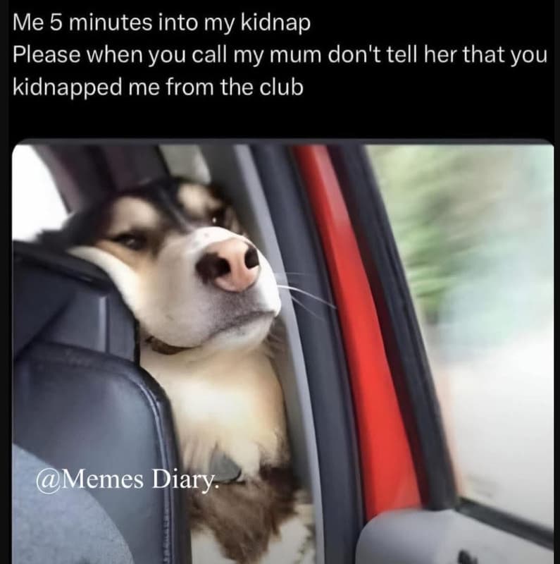 Me 5 minutes into my kidnap please when you call my mum don't tell her that you