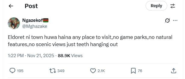 Post reply ngazekof mghazake eldoret ni town huwa haina any place to visit,no ga