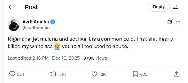 Post reply avril amaka avrilamaka nigerians get malaria and act like it is a com