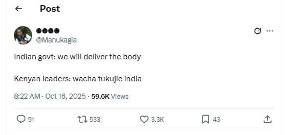 Post 000 manukagia indian govt we will deliver the body kenyan leaders wacha tuk