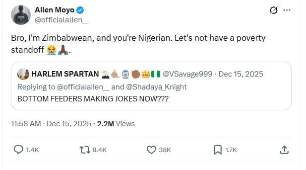 Allen moyo officialallen bro, i'm zimbabwean and you're nigerian. let's not have