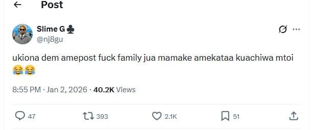 Post slime g nj8gu ukiona dem amepost fuck family jua mamake amekataa kuachiwa m