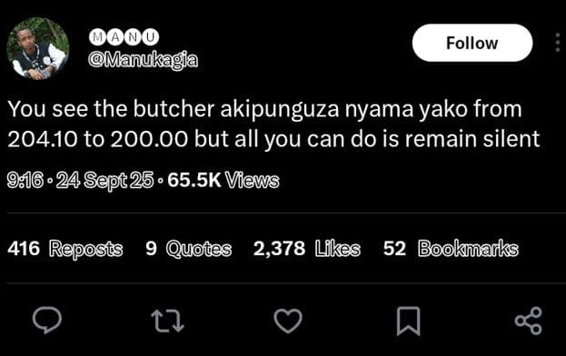 Oo manukagia follow you see the butcher akipunguza nyama yako from 204.10 to 200