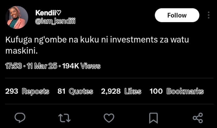 Kendiiy piamkendo follow kufuga ng'ombe na kuku ni investments za watu maskini.