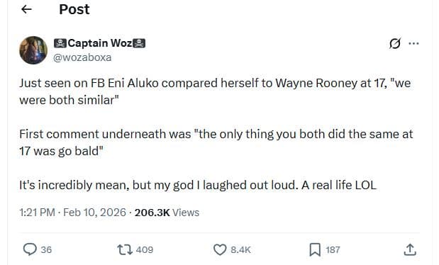 Post scaptain wozg wozaboxa just seen on fb eni aluko compared herself to wayne