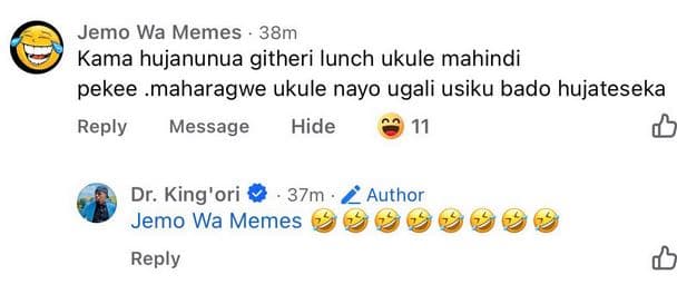 Jemo wa memes 38m kama hujanunua githeri iunch ukule mahindi pekee .maharagwe uk