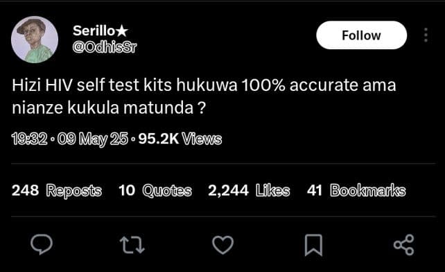 Serillo dhissr follow hizi hiv self test kits hukuwa 100 accurate ama nianze kuk