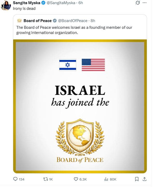 Sangita myska sangitamyska irony is dead board of peace boardofpeace 8h the boar