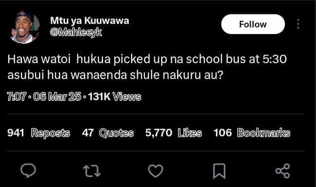 Mtu ya kuuwawa mahleeyk follow hawa watoi hukua picked up na school bus at 5.30