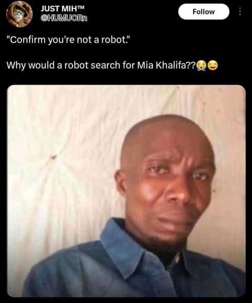 Just mihtm humuorn follow confirm you're not arobot why would a robot search for